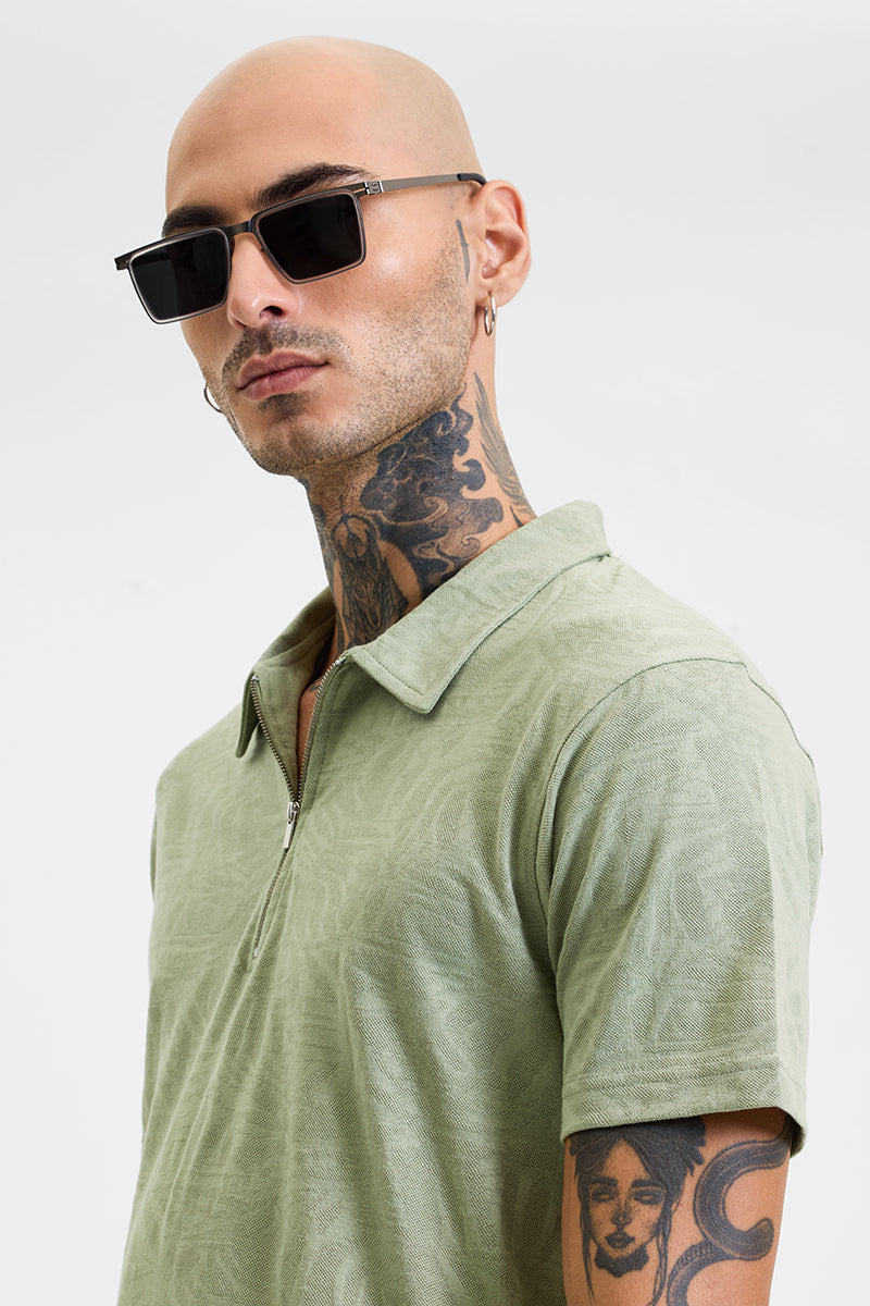 Light Green Self-Design Zipper Polo T-Shirt