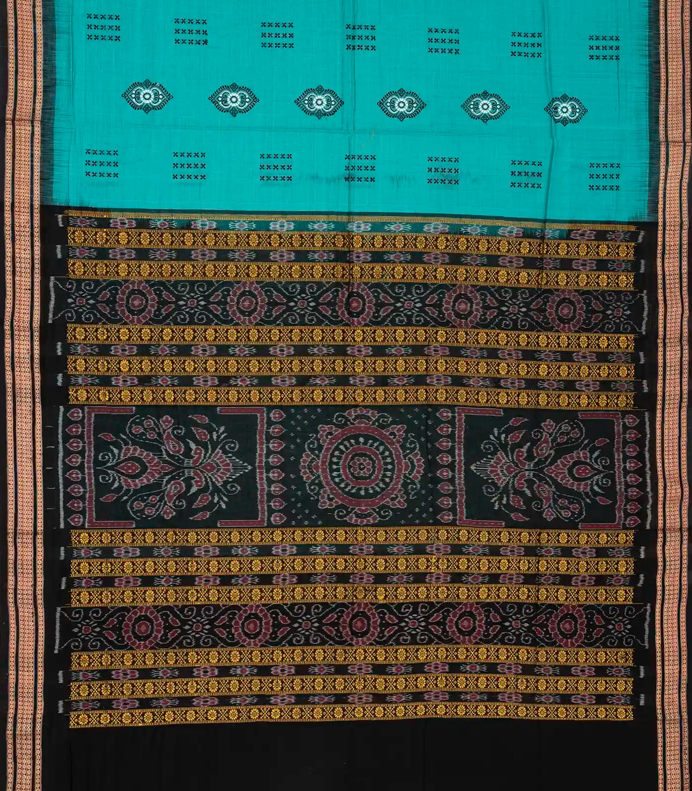 Cyan Handloom Orissa Cotton Saree With Floral Motifs