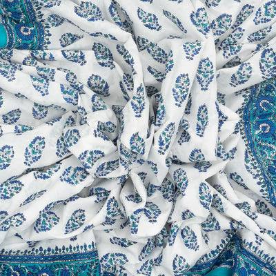 White Woven Jaipur Cotton Saree Printed With Blue Flower  Motifs