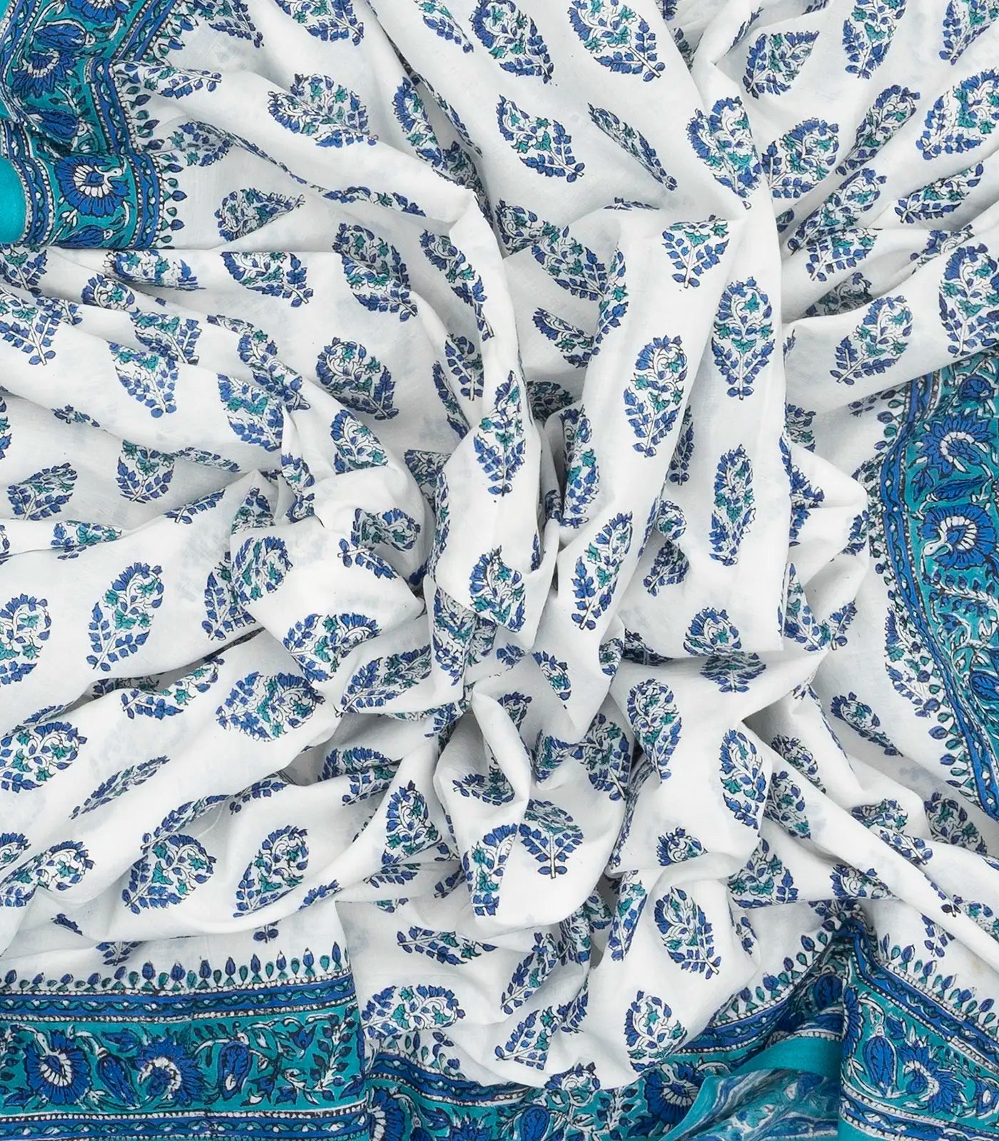 White Woven Jaipur Cotton Saree Printed With Blue Flower  Motifs