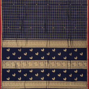 Navy Blue Handloom Kanchi Cotton Saree With Zari Checks