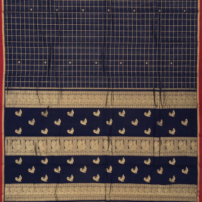 Navy Blue Handloom Kanchi Cotton Saree With Zari Checks