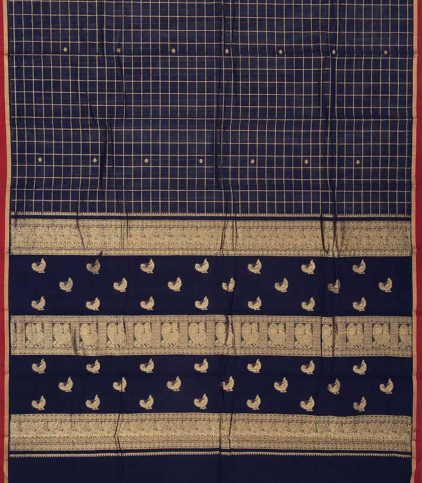 Navy Blue Handloom Kanchi Cotton Saree With Zari Checks