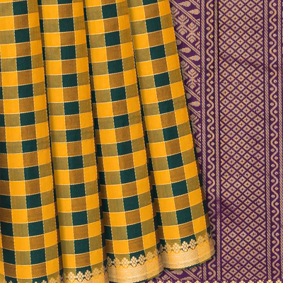 Mustard & Green Soft Silk Saree With Checks-Mustard