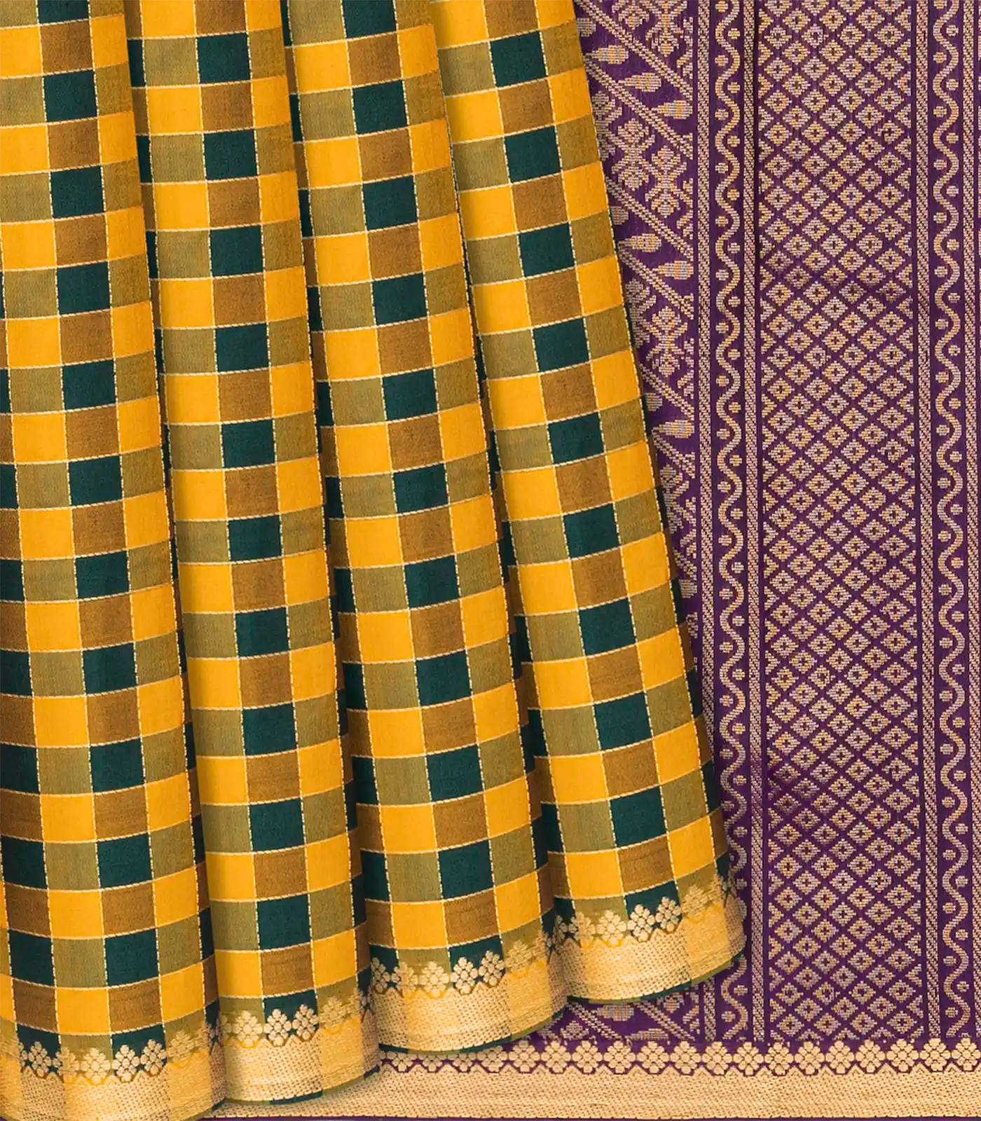 Mustard & Green Soft Silk Saree With Checks-Mustard