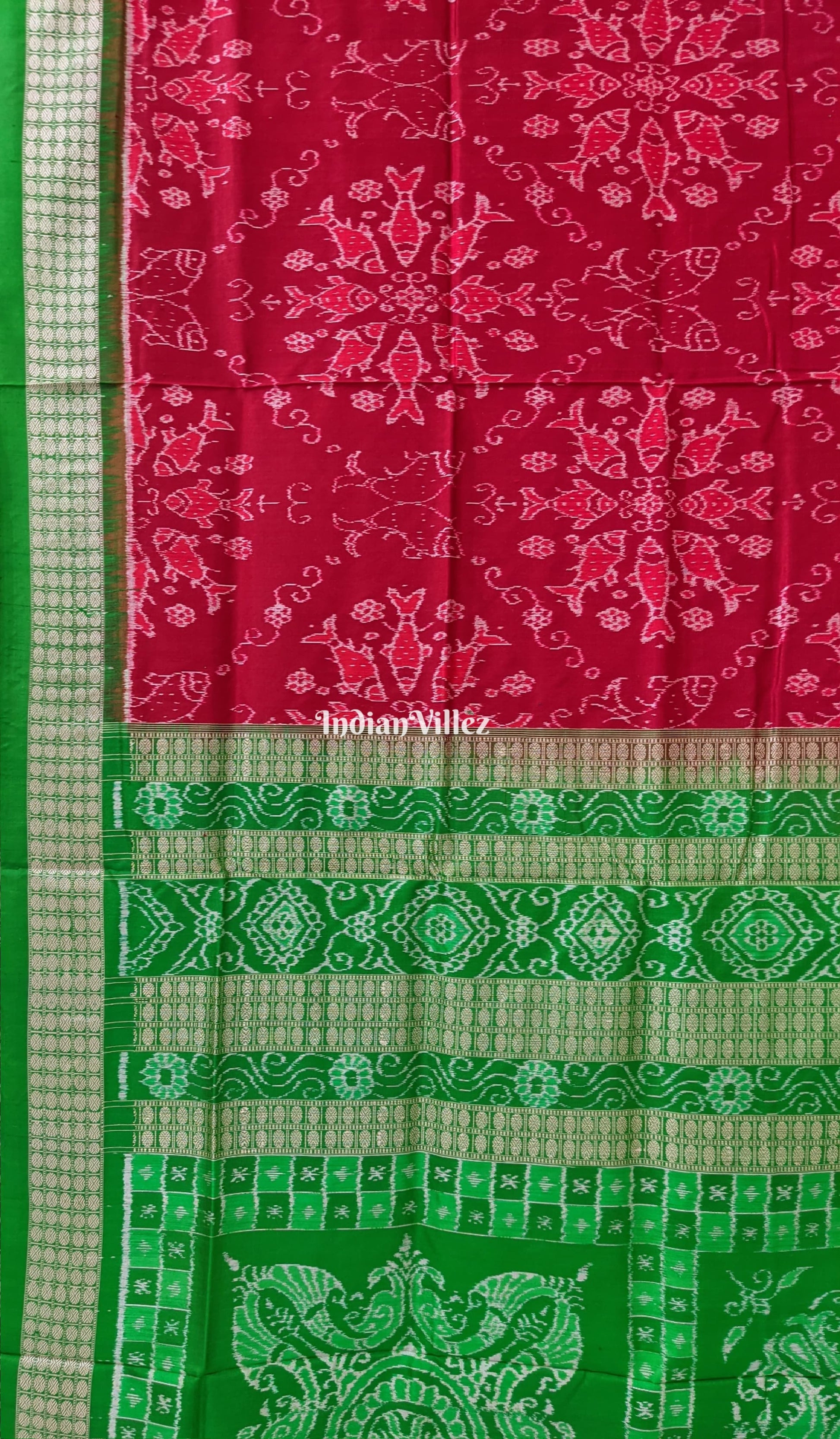 Maroon Green Fish Motif Sambalpuri Silk Saree