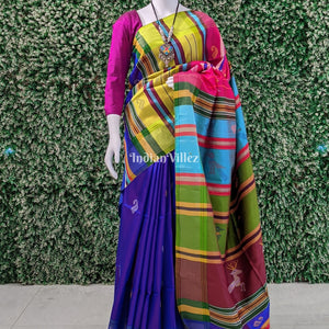 Blue with Multicolor Double Pallu Handwoven Soft Silk Saree