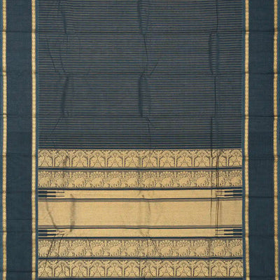 Dark Grey Handloom Kanchi Cotton Saree With Zari Stripes