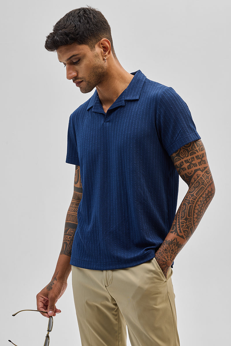 Dark Blue Textured Cuban T-Shirt