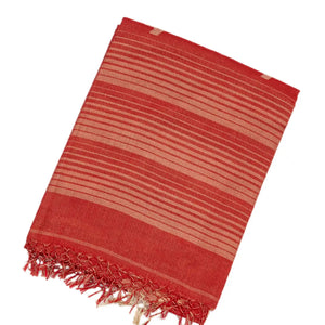 Red Handloom Bengal Cotton Saree With Stripes & Buttas