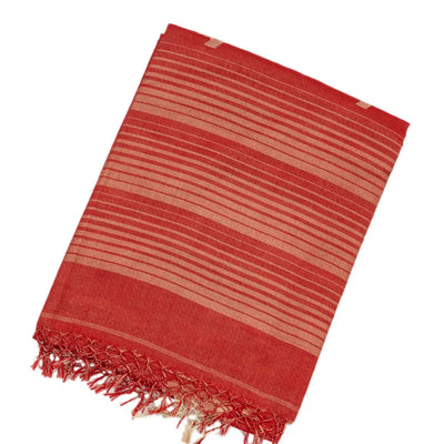 Red Handloom Bengal Cotton Saree With Stripes & Buttas
