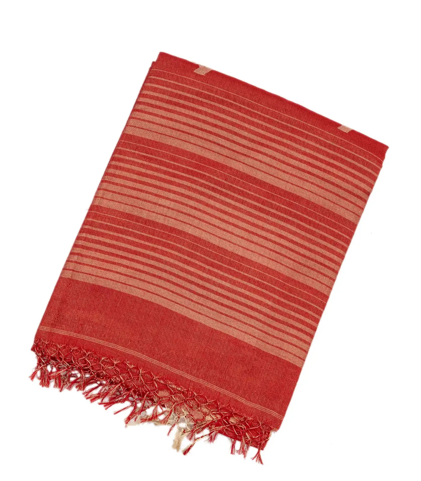 Red Handloom Bengal Cotton Saree With Stripes & Buttas