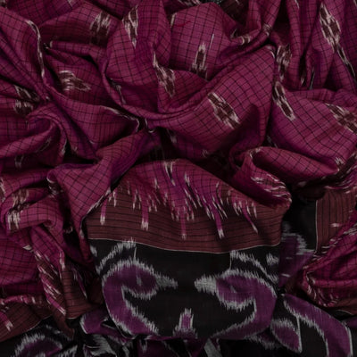 Magenta & Black Handwoven Orissa Cotton Saree With Tie & Dye Motifs