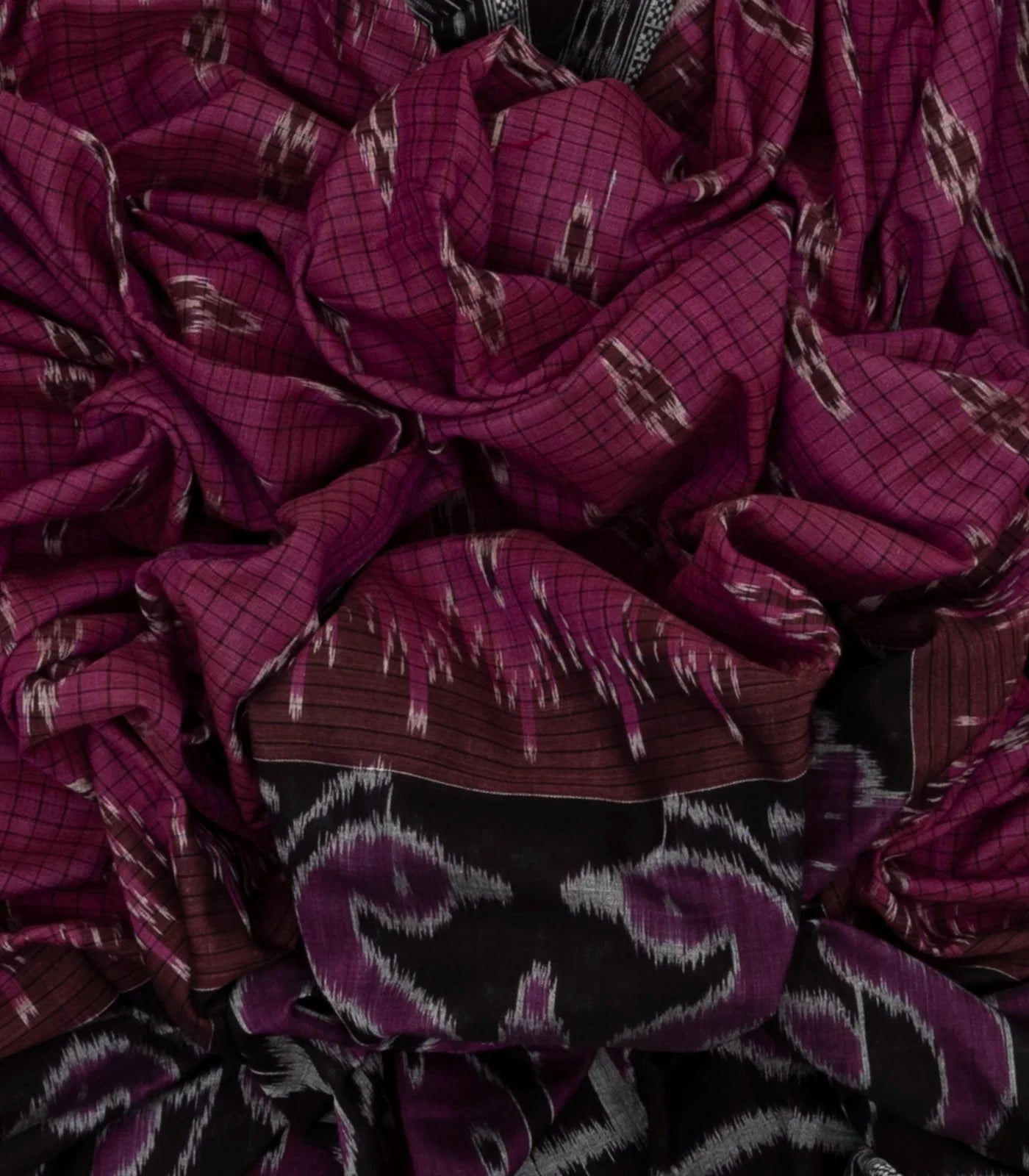 Magenta & Black Handwoven Orissa Cotton Saree With Tie & Dye Motifs
