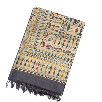 Dark Grey Handloom Tussar Silk Saree With Printed Tribal Motifs