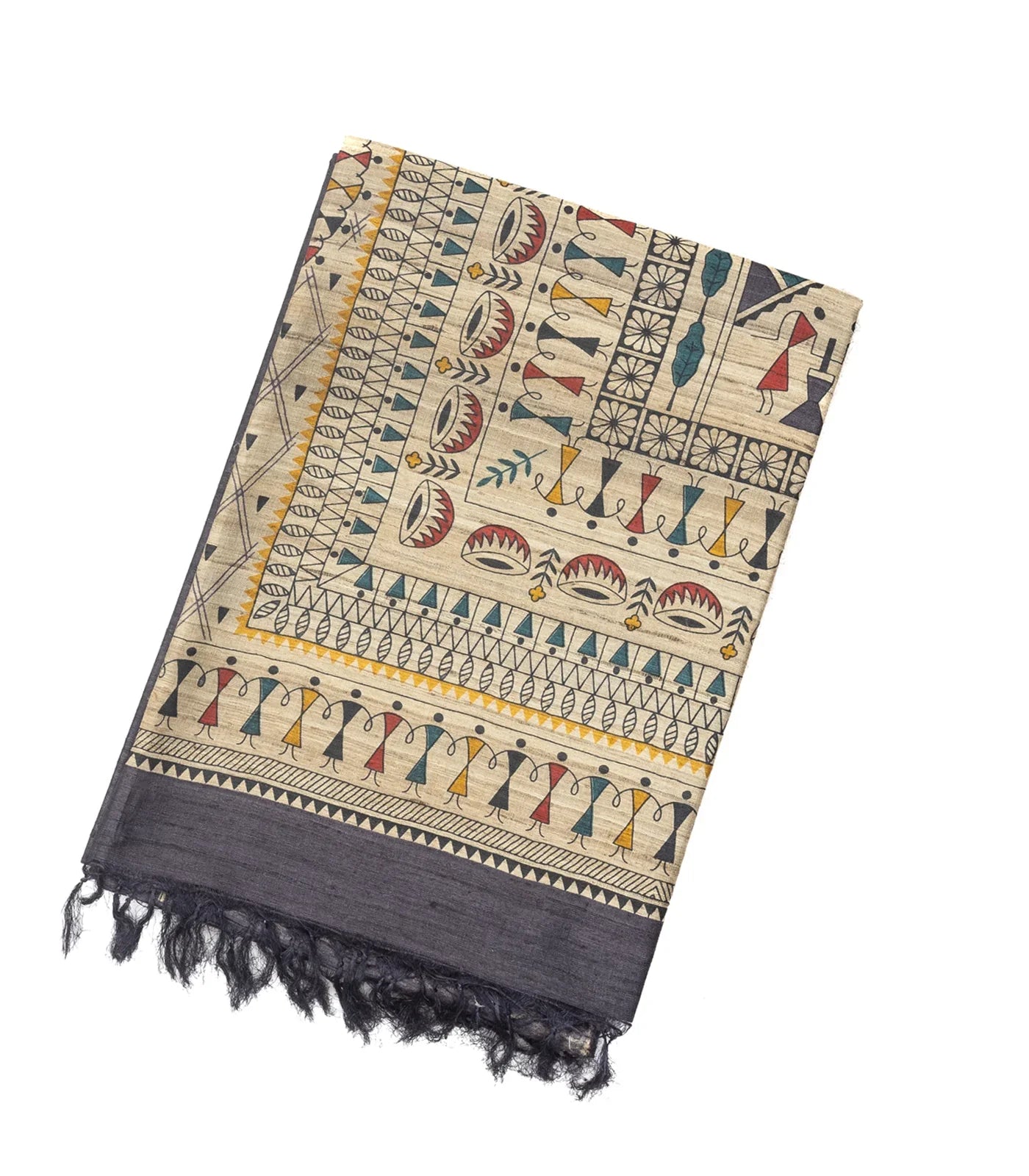 Dark Grey Handloom Tussar Silk Saree With Printed Tribal Motifs