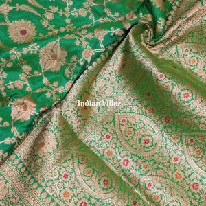 Parrot Green Floral Meenakari Banarasi Katan Silk Saree