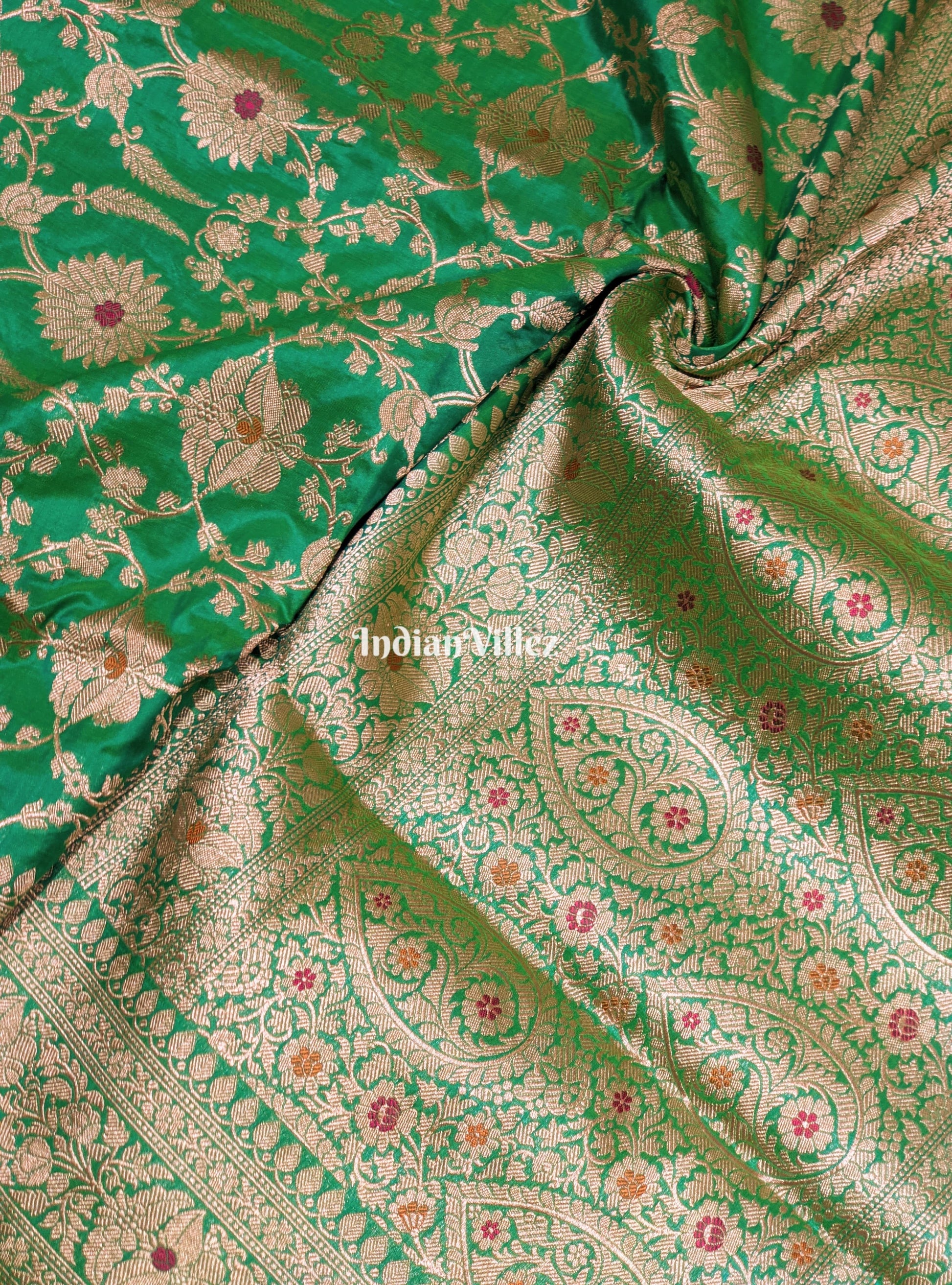 Parrot Green Floral Meenakari Banarasi Katan Silk Saree