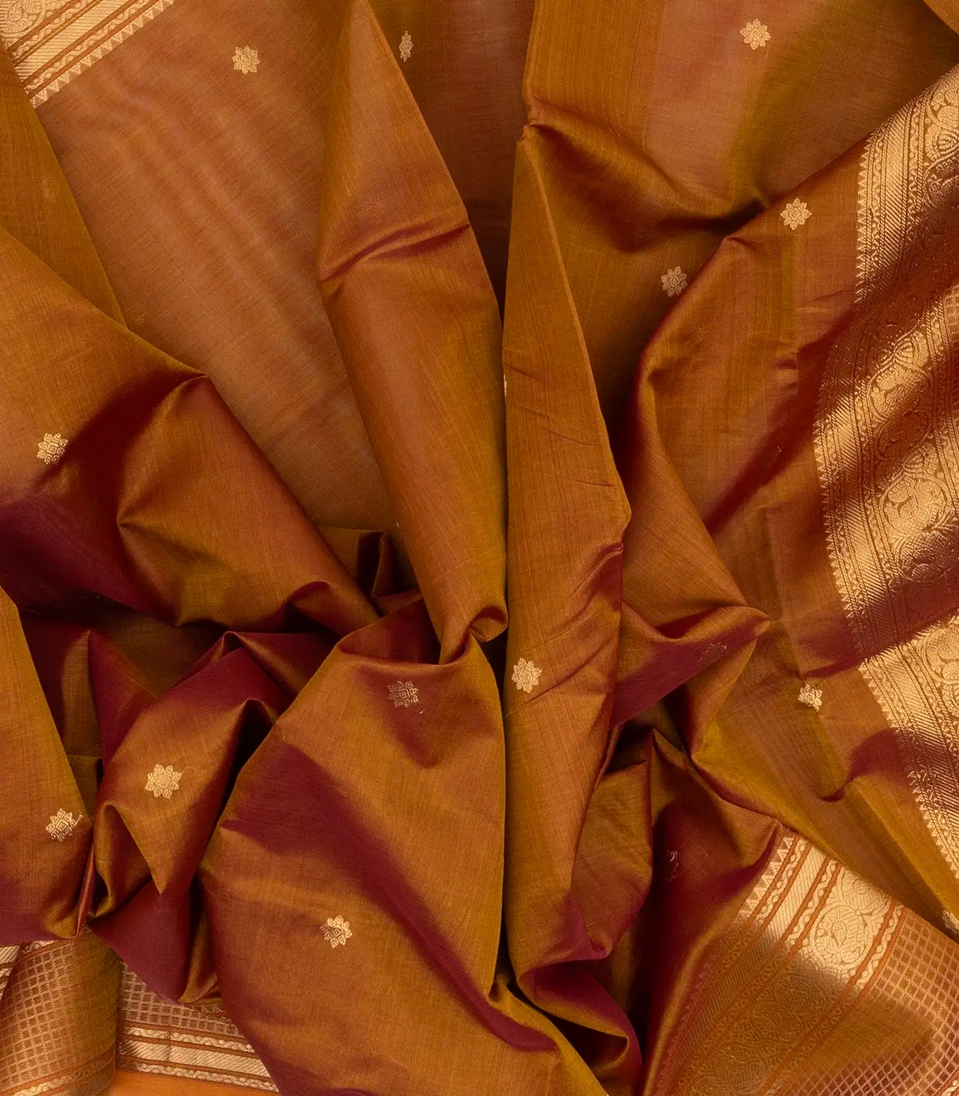Honey Amber Handloom Silk Cotton With Kalamam Buttas and Checked border