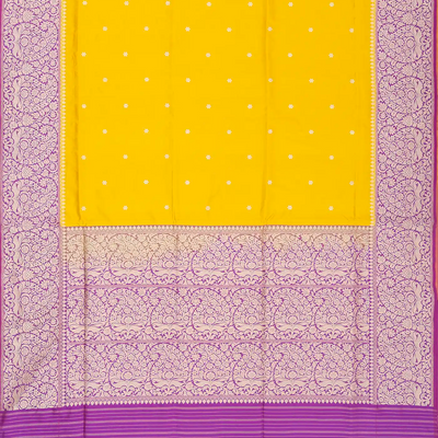 Yellow Handwoven Banarasi Silk Saree With Floral Buttas & Contrast Border