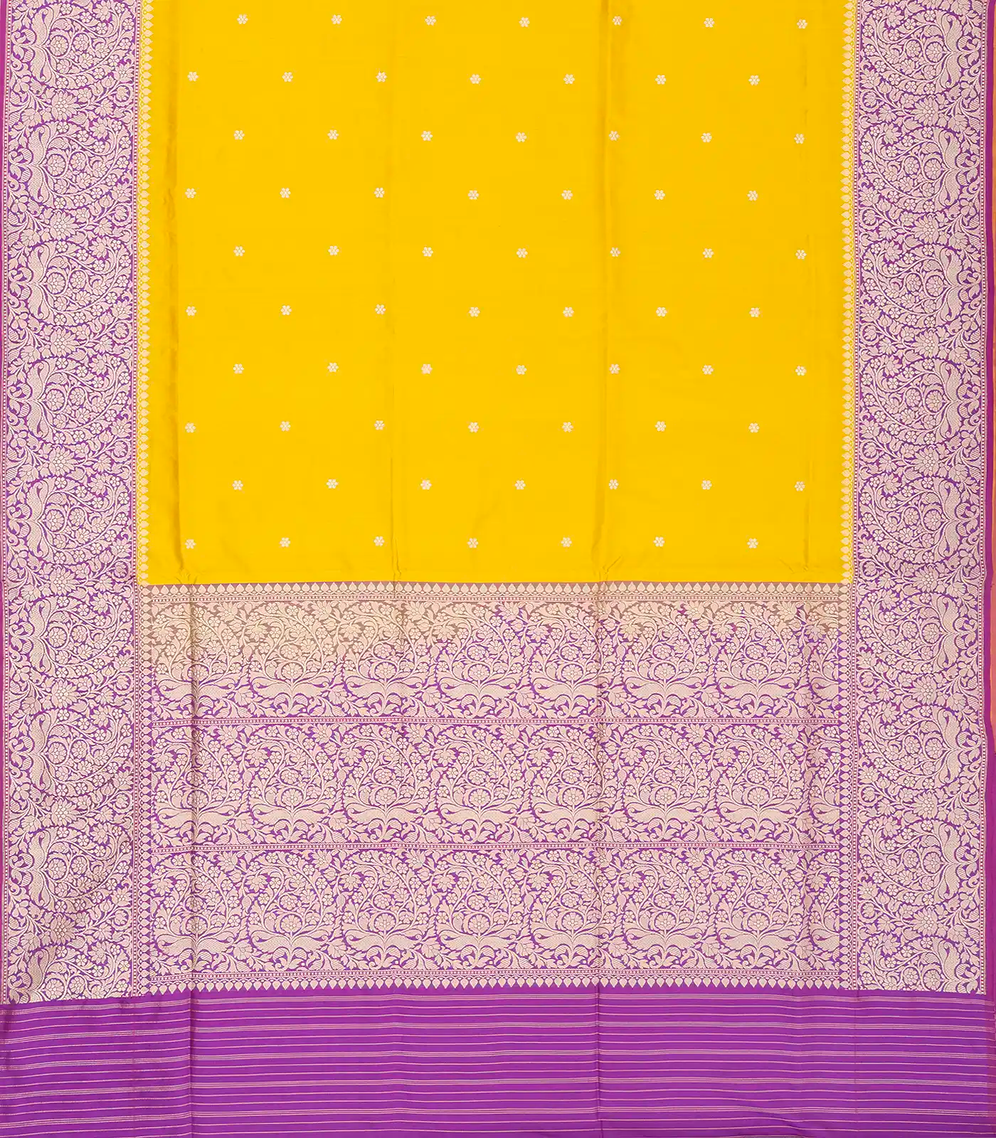 Yellow Handwoven Banarasi Silk Saree With Floral Buttas & Contrast Border