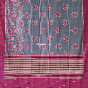 Grey With Pink Lotus Odisha Handloom Contemporary Sambalpuri Silk Saree
