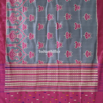 Grey With Pink Lotus Odisha Handloom Contemporary Sambalpuri Silk Saree