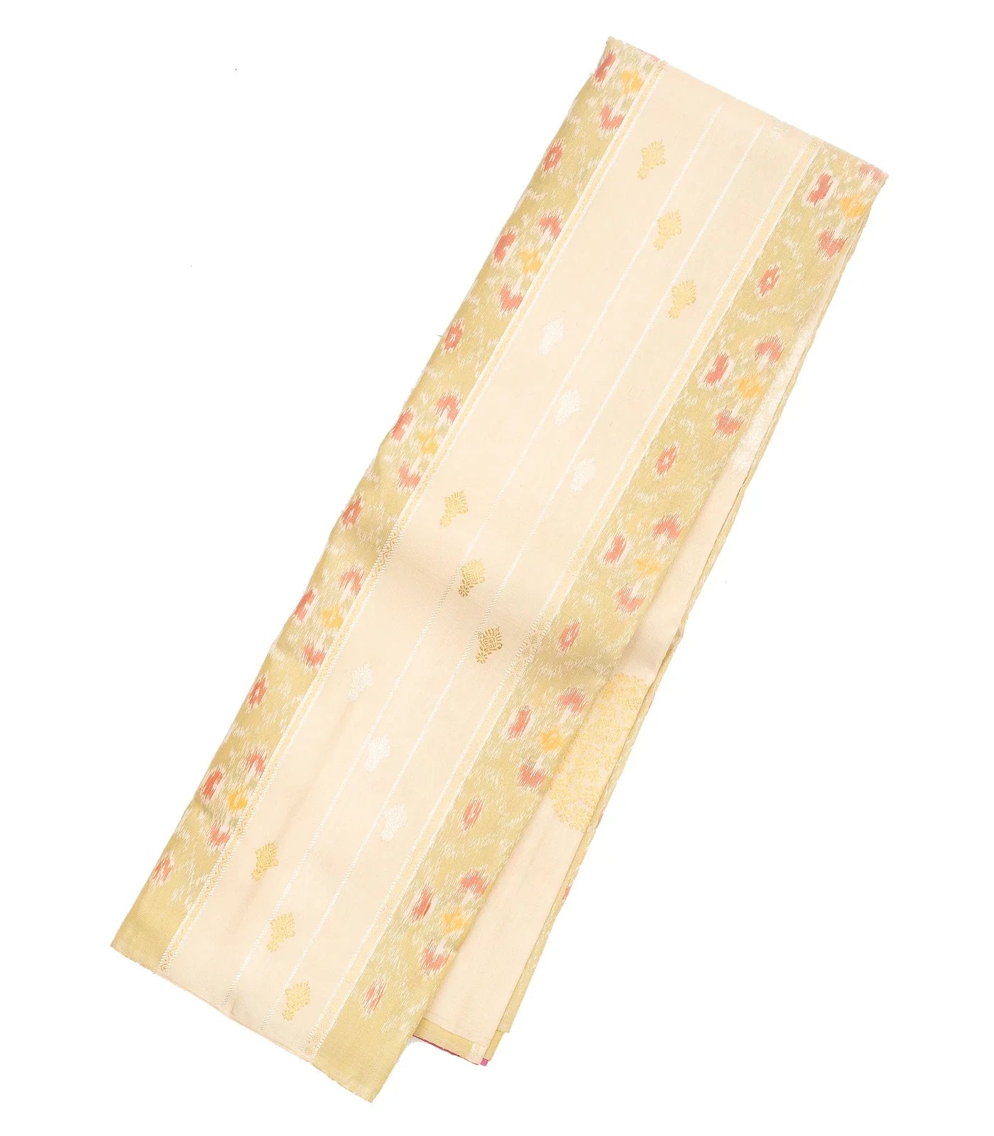 Cream Handloom Kanchipuram Silk Saree With Ikat Floral Buttas