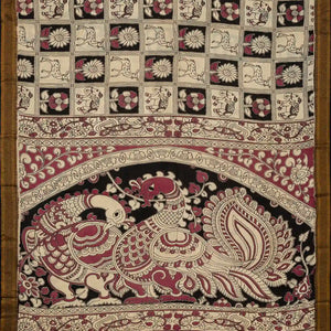 Taupe Handloom Kalamkari Cotton Saree With Printed Elephant Motifs