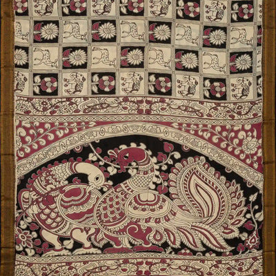 Taupe Handloom Kalamkari Cotton Saree With Printed Elephant Motifs