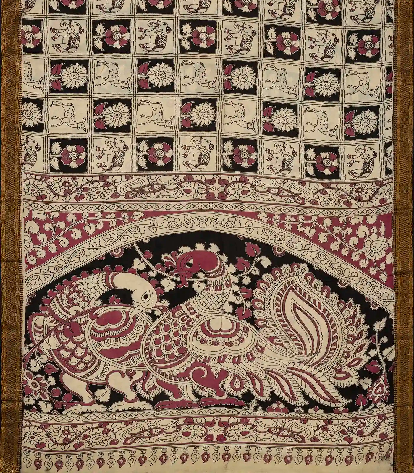 Taupe Handloom Kalamkari Cotton Saree With Printed Elephant Motifs