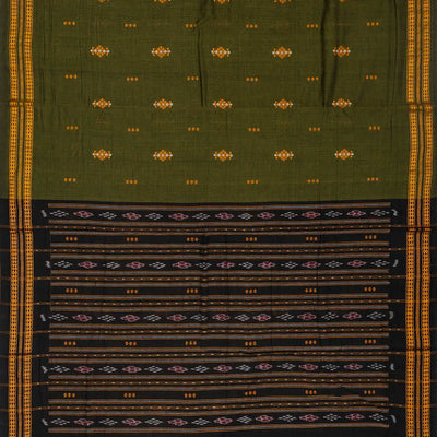Dark Green Handwoven Orissa Cotton Saree With Floral Buttas
