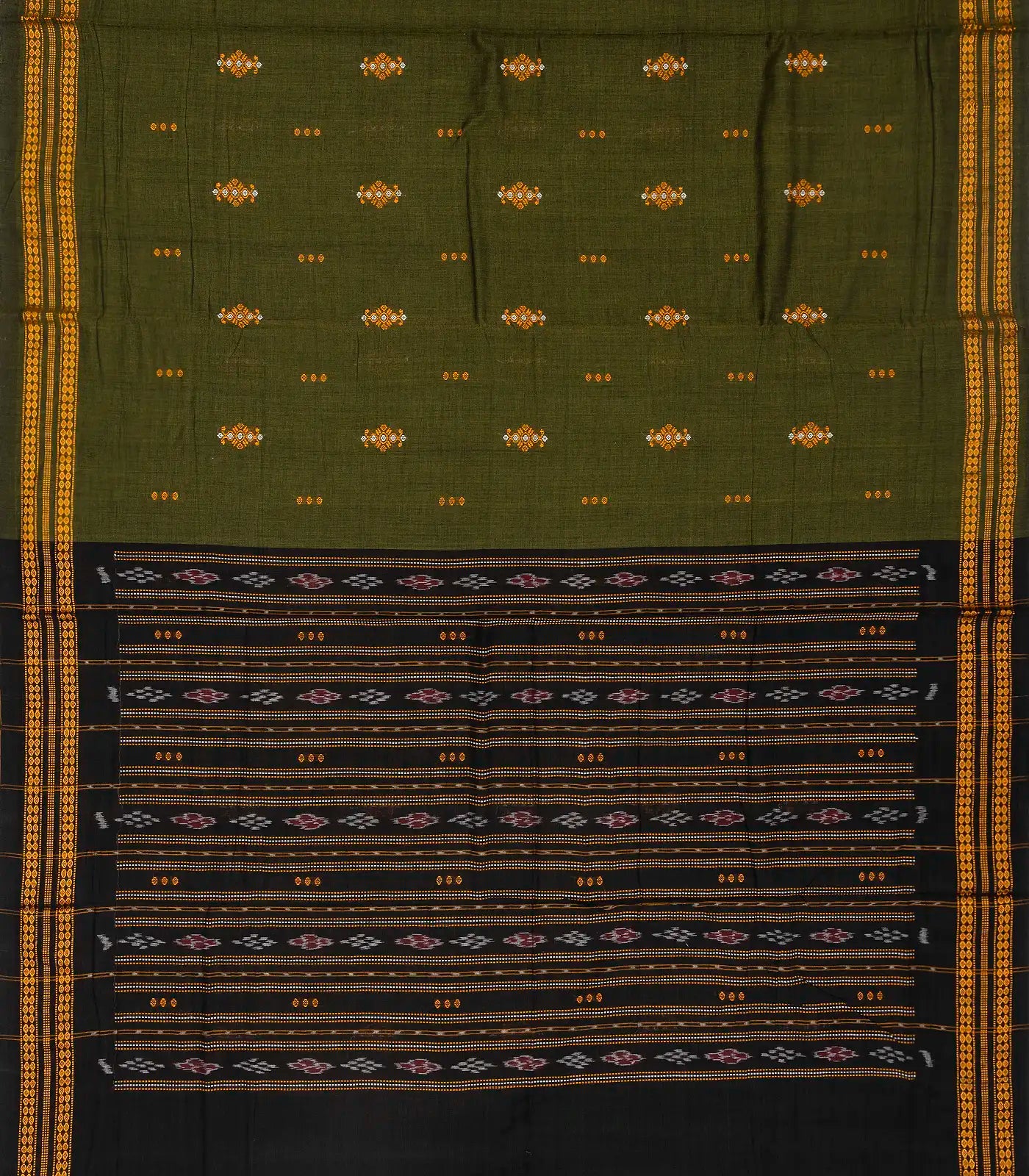 Dark Green Handwoven Orissa Cotton Saree With Floral Buttas