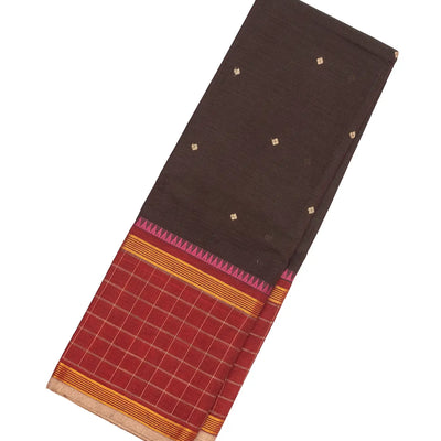 Dark Brown Chettinad Cotton Saree With Diamond Buttas