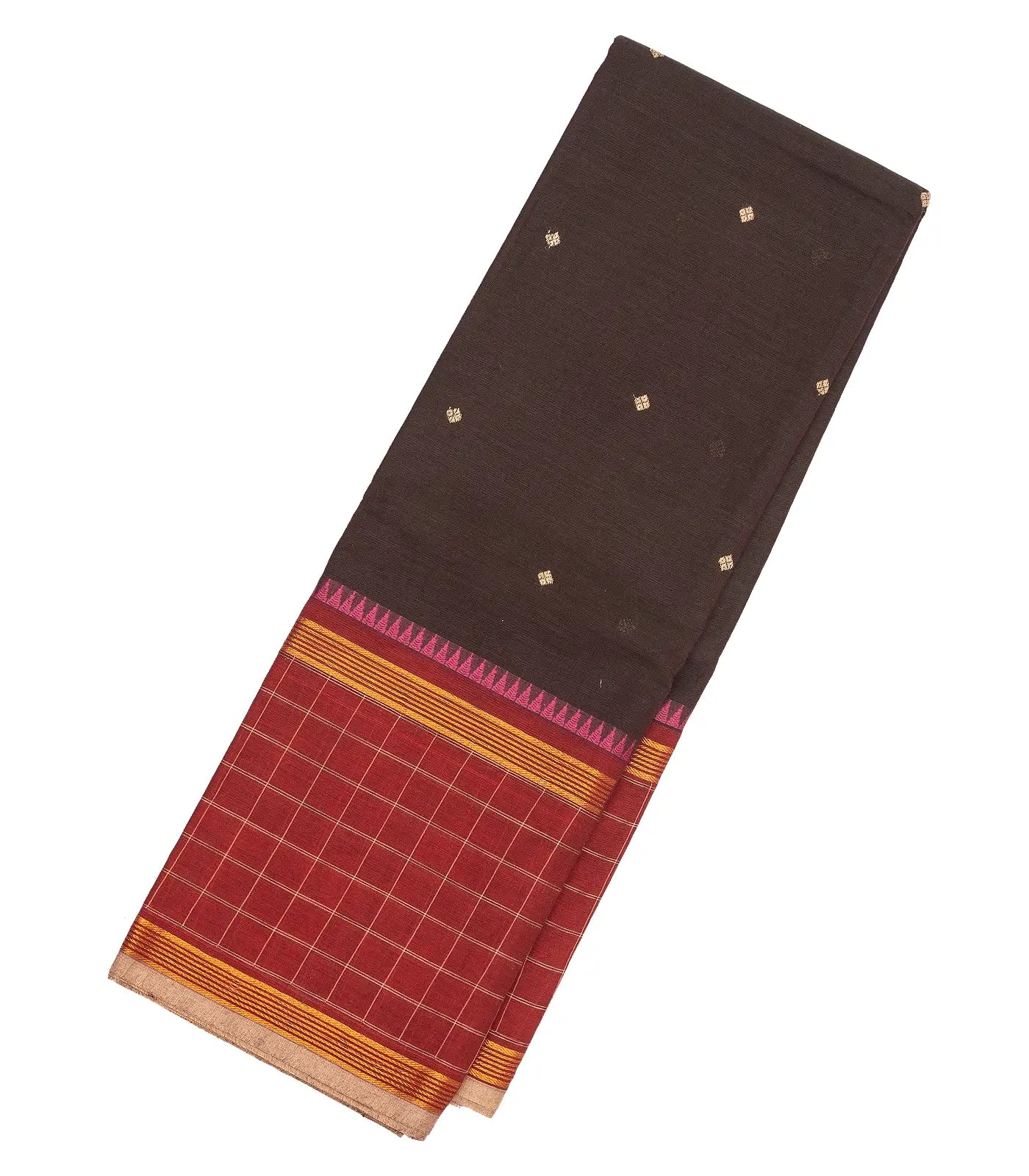 Dark Brown Chettinad Cotton Saree With Diamond Buttas