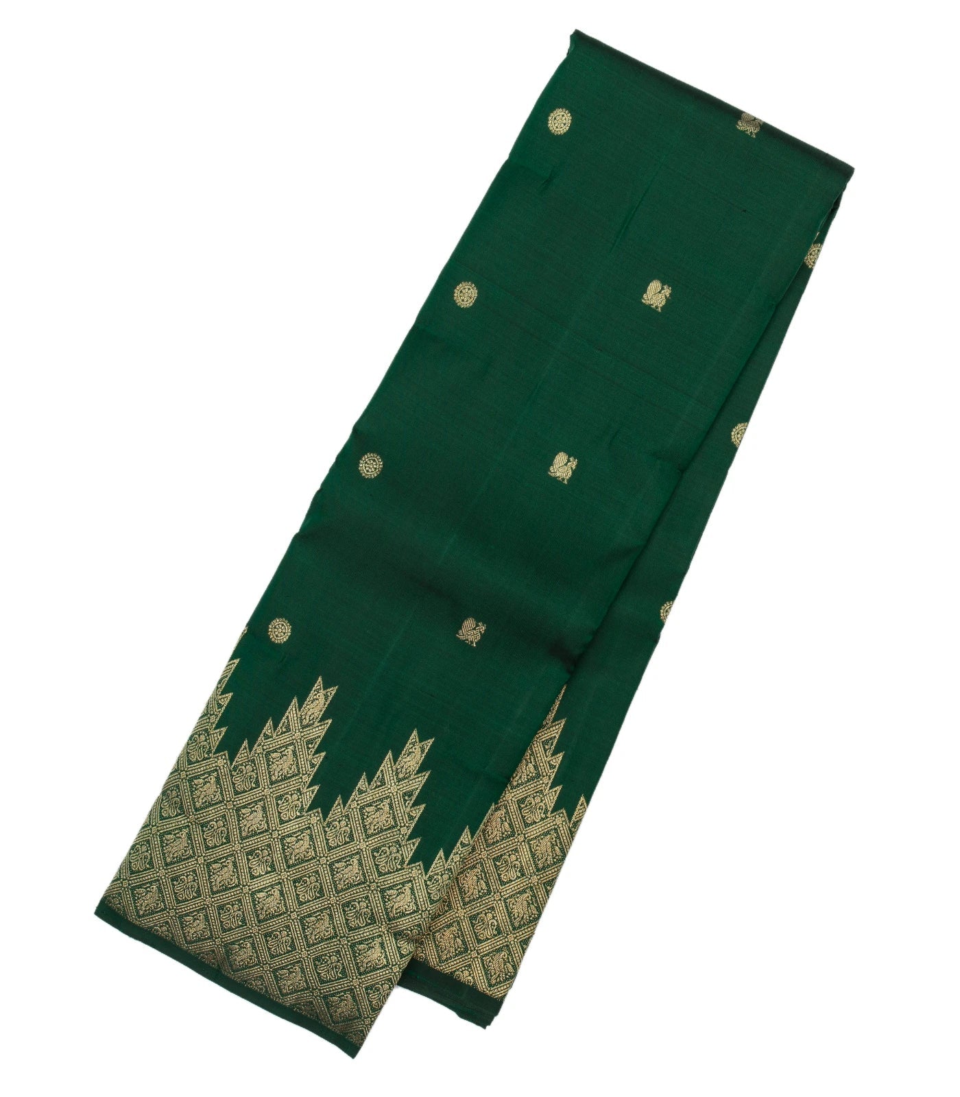 Bottle Green Handloom Kanchipuram Silk Saree With Annam Chakaram Buttas