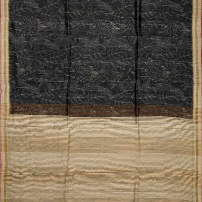 Black Handloom Tussar Silk Saree Printed With Floral Motifs & Contrast Border