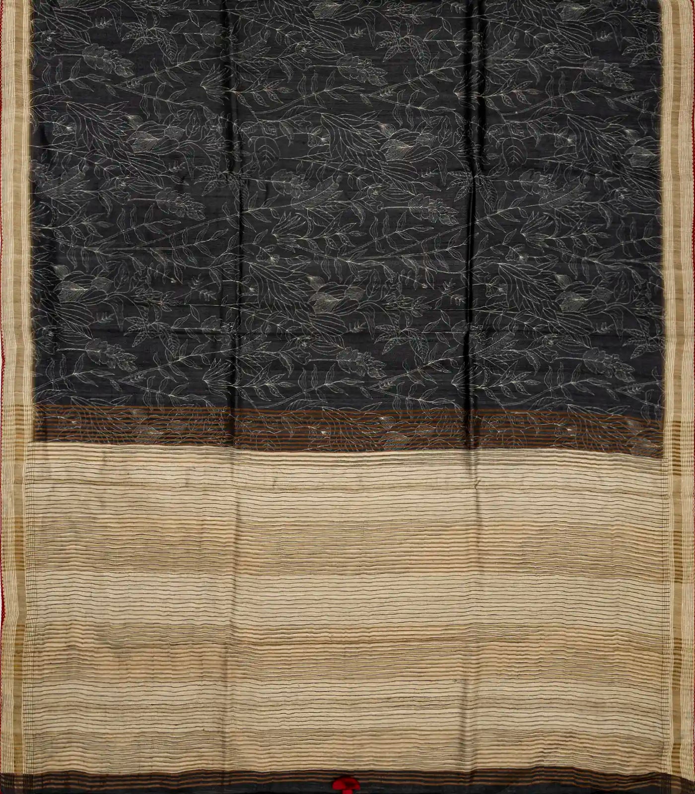 Black Handloom Tussar Silk Saree Printed With Floral Motifs & Contrast Border