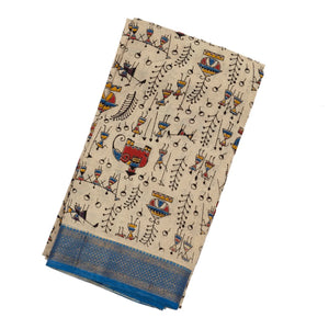 Cream Handloom Kalamkari Cotton Saree With Printed Tribal Motifs