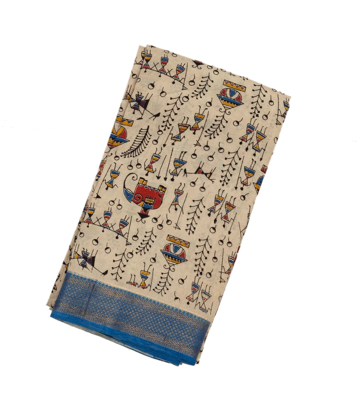 Cream Handloom Kalamkari Cotton Saree With Printed Tribal Motifs