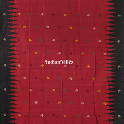Black Red Floral Design Bomkai Silk Saree