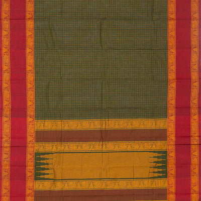 Green Handloom Kanchi Cotton Saree With Crimson Border