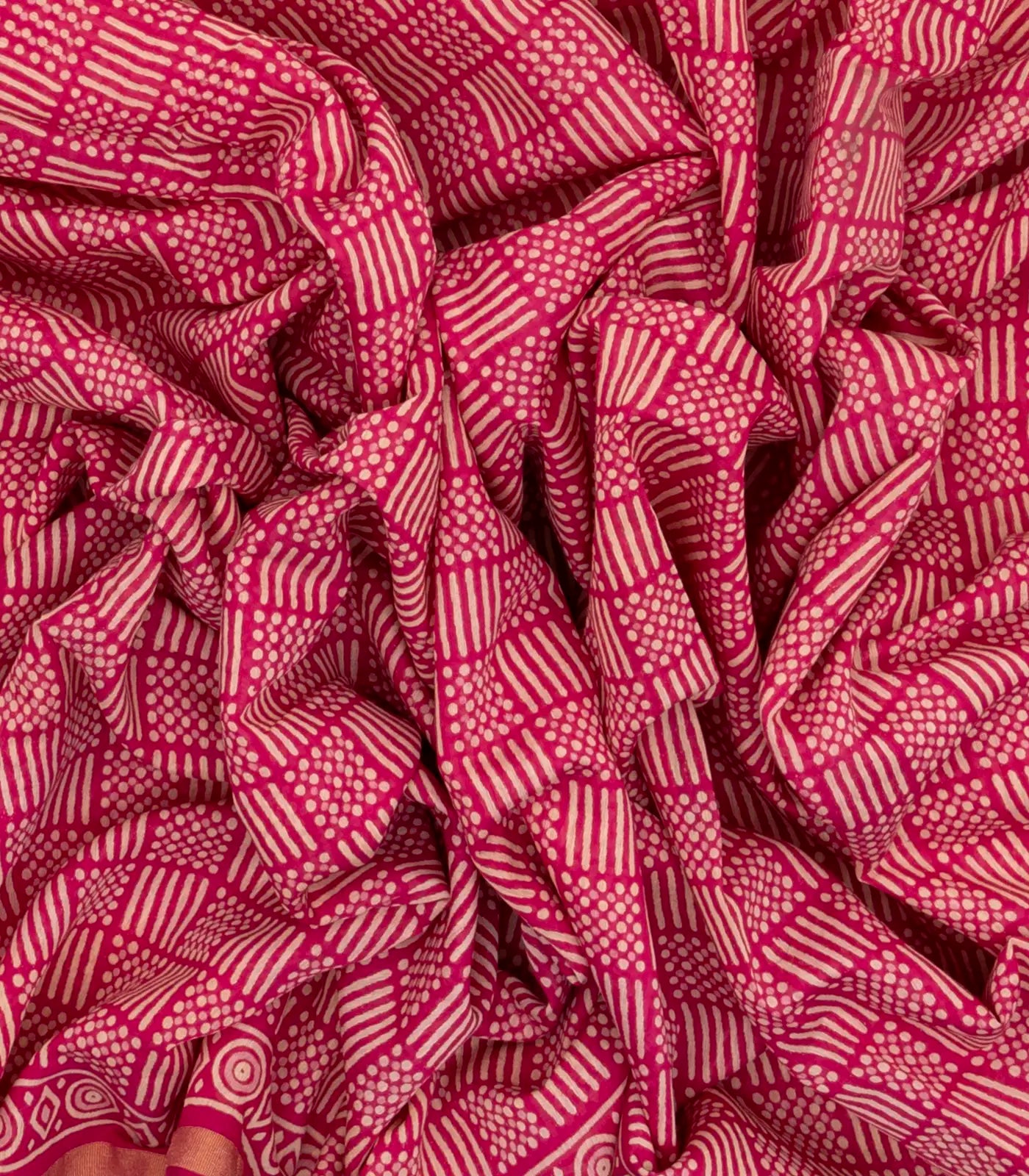 Pink Woven Jaipur Cotton Saree With Printed Stripes & Dot Motifs