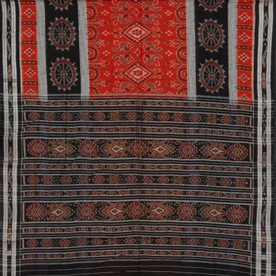 Red Handloom Orissa Cotton Saree With Black Border
