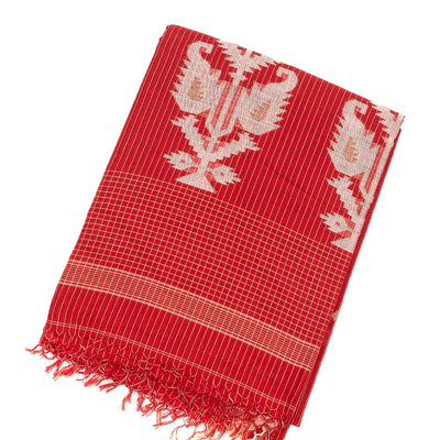 Red Handloom Bengal Cotton Saree With Floral Buttas
