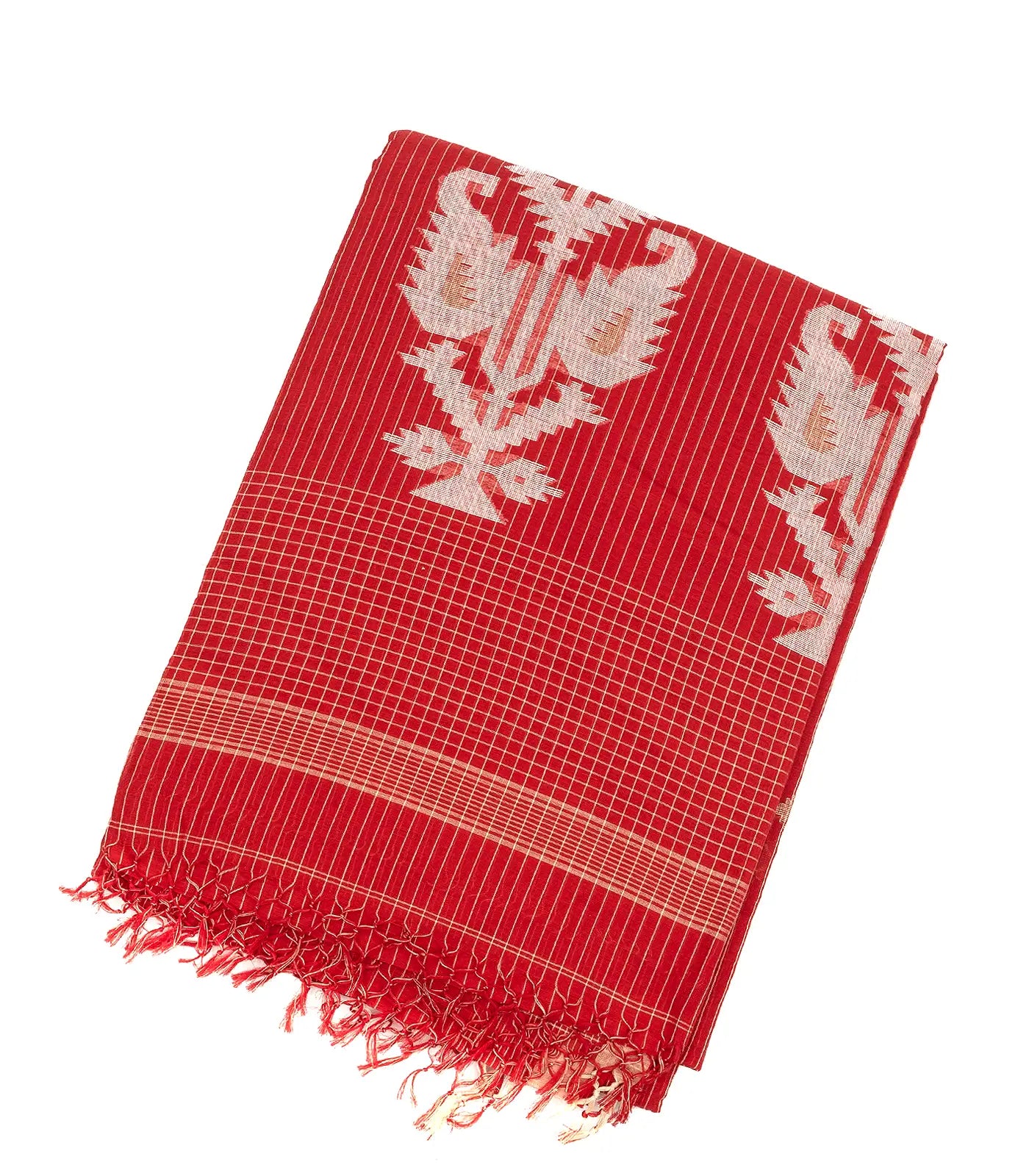 Red Handloom Bengal Cotton Saree With Floral Buttas
