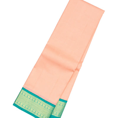 Light Peach Handloom Korvai Kanchipuram Silk Saree With Turquoise Border