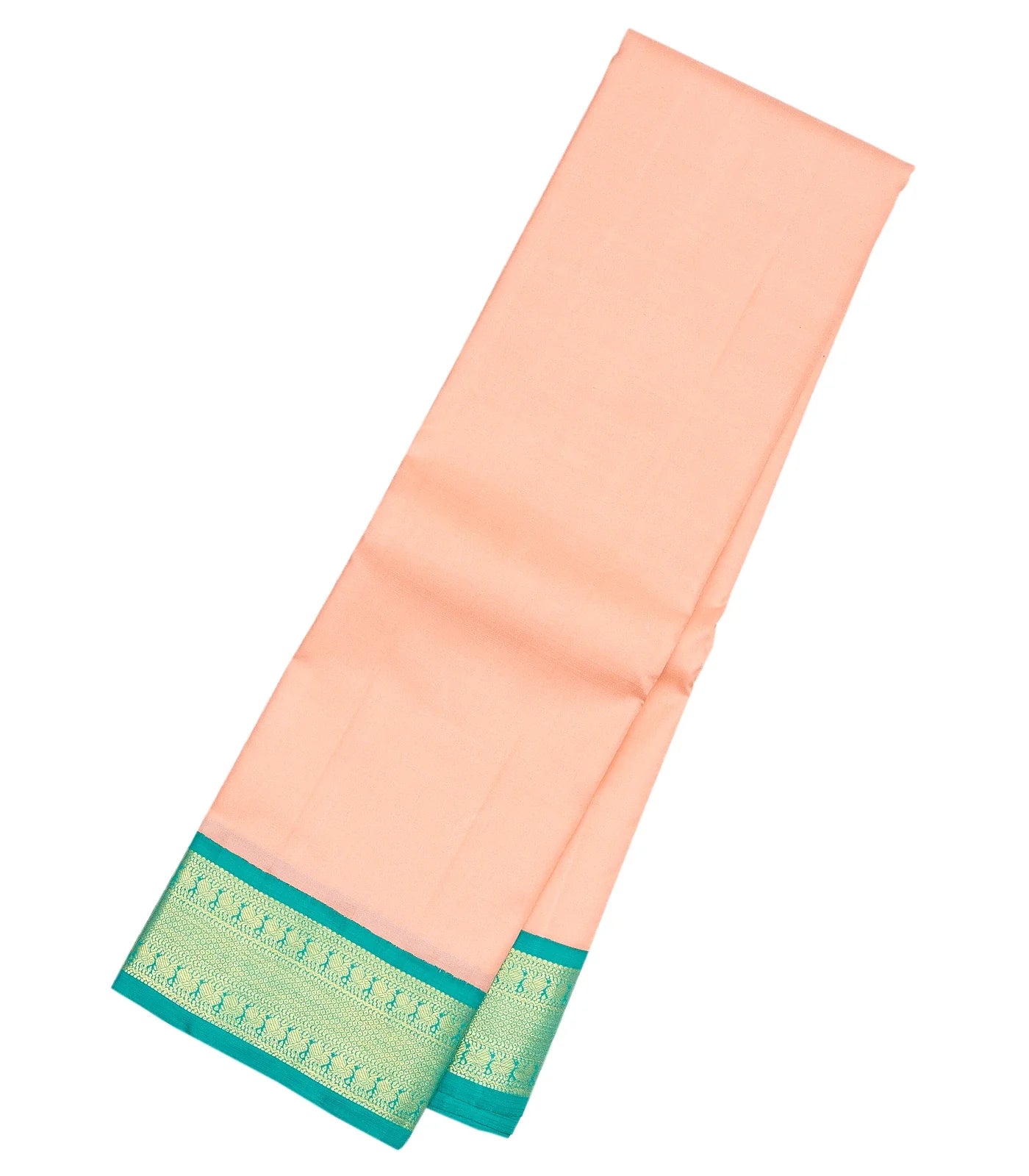 Light Peach Handloom Korvai Kanchipuram Silk Saree With Turquoise Border