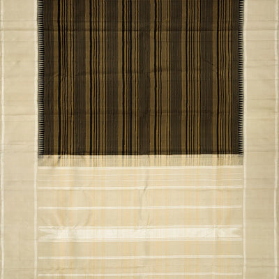 Black Handloom Kanchipuram Korvai Silk Saree With Stripes