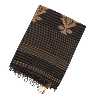 Black Handloom Bengal Cotton Saree With Stripes & Buttas